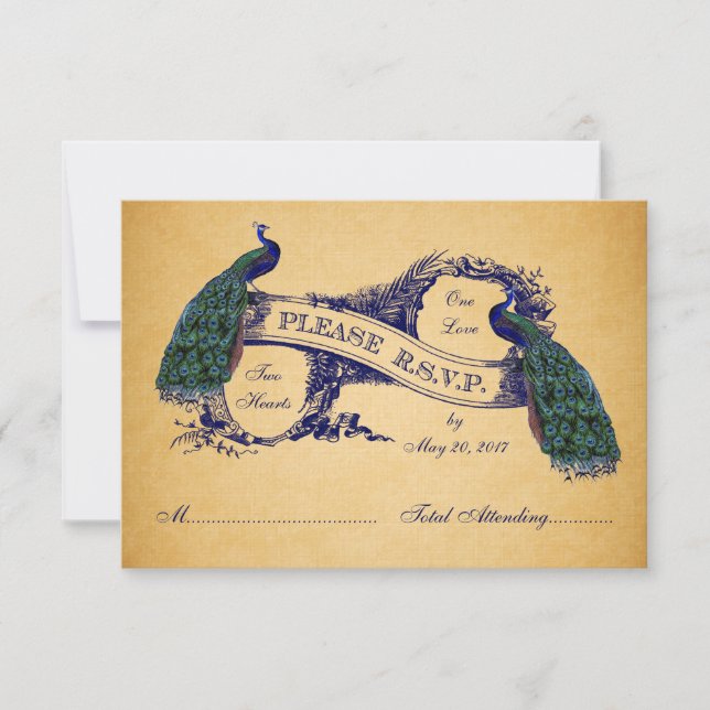Blue Peacocks Vintage Wedding RSVP CARD (Vorderseite)