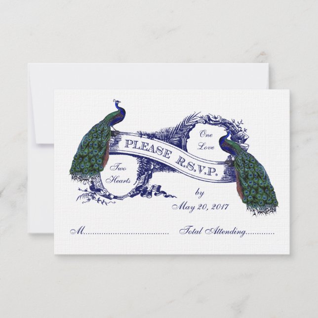 Blue Peacocks Vintage Wedding UAWG RSVP Karte (Vorderseite)