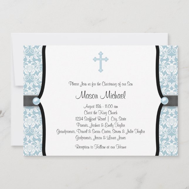 Blue Pearl Cross Blue Black Damask Christening Einladung (Vorderseite)