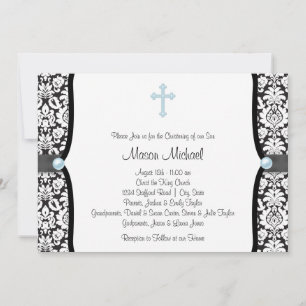 Blue Pearl Cross Blue Black Damask Christening Einladung