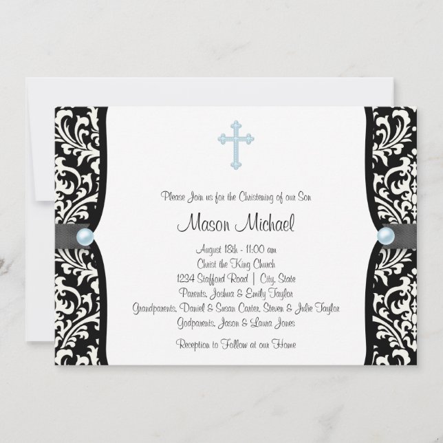 Blue Pearl Cross Blue Black Damask Christening Einladung (Vorderseite)