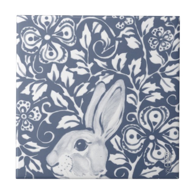 Blue Peeking Rabbit Bunny Floral Dedham Delft Fliese (Vorderseite)