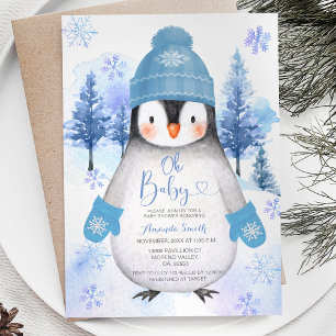 Blue Penguin Strickhut Snowflakes Baby Shower Einladung