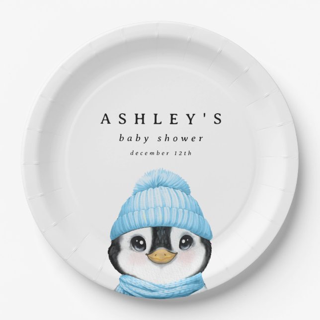 Blue Penguin Winter Baby Dusche Pappteller (Vorderseite)