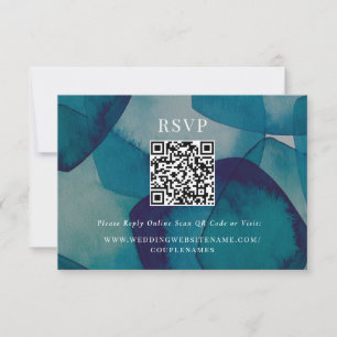 Blue Pentagons Watercolor Wedding Online QR Code RSVP Karte