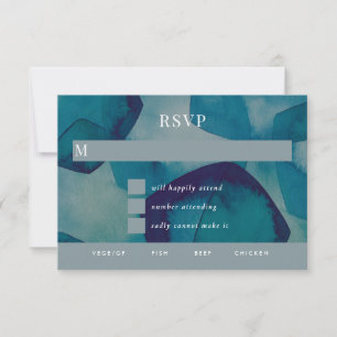 Blue Pentagons Watercolor Wedding RSVP Karte