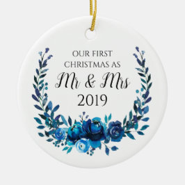Blue Peonies Erste Weihnachten als Mr & Mrs. Keramik Ornament