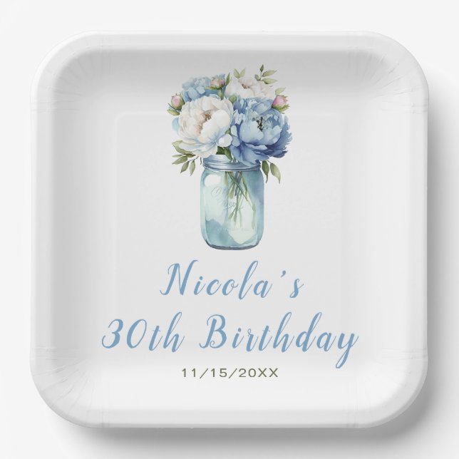 Blue Peonies Mason Jar Birthday Pappteller (Vorderseite)