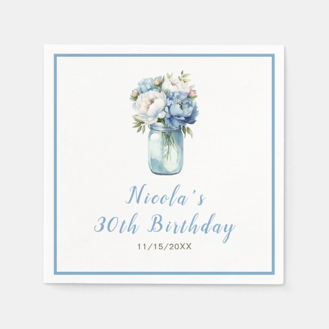Blue Peonies Mason Jar Birthday Serviette (Vorderseite)