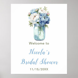 Blue Peonies Mason Jar Brautparty Willkommen Poster