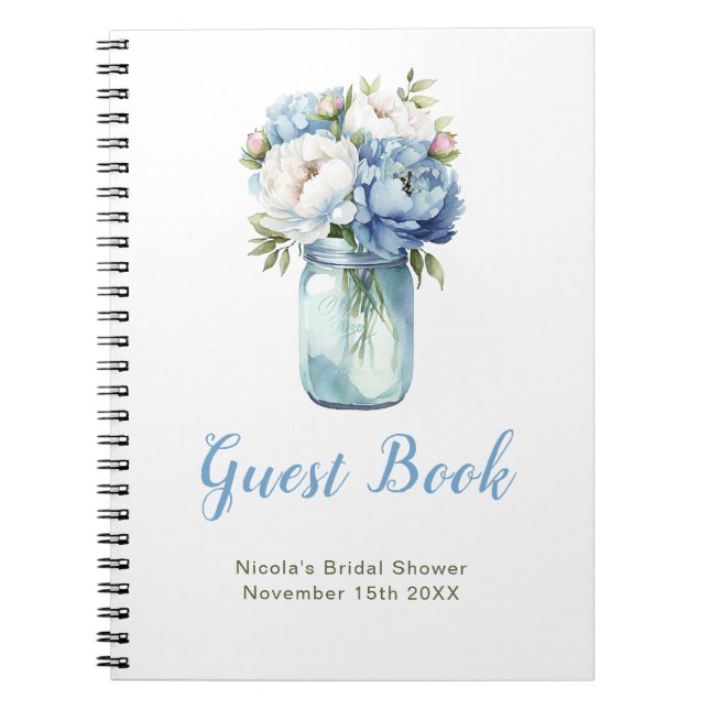 Blue Peonies Mason Jar Bridal Shower Guest Book Notizblock (Vorderseite)