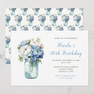 Blue Peonies Mason Jar Geburtstagsparty Einladung