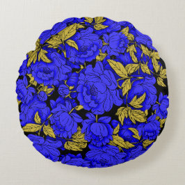 Blue Peonies mit Gold-Blätter Rundes Kissen