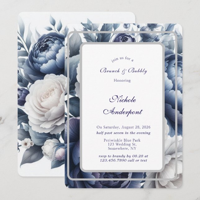 Blue Peonies White Roses Brunch und Bubbly Einladung (Vorne/Hinten)