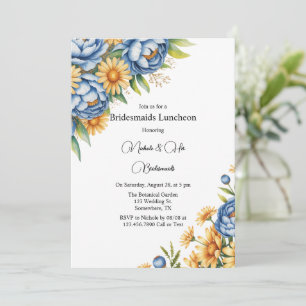 Blue Peony and Yellow Daisies Bridesmaids Luncheon Einladung