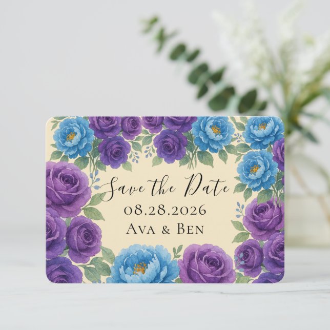 Blue Peony & Fig Lila Rose Speichern Sie die Datum (Stehend Vorderseite)
