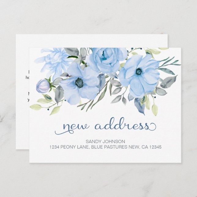 Blue Peony Floral Meine neue Adresse Ankündigungspostkarte (Vorne/Hinten)