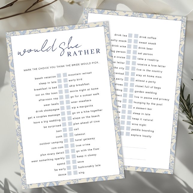 Blue Perfect Pear würde sie eher spielen (Would She Rather - Bridal Shower Game)