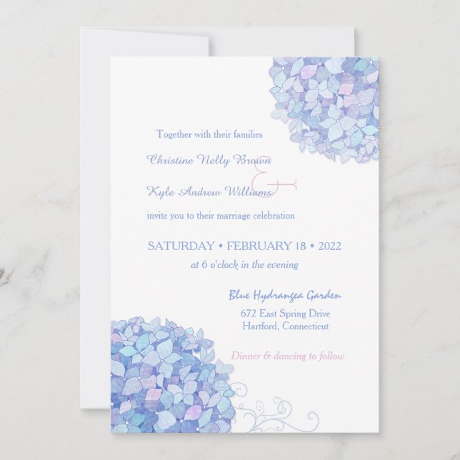Blue Periwinkle Hydrangeas Garden Wedding Einladung (Vorderseite)