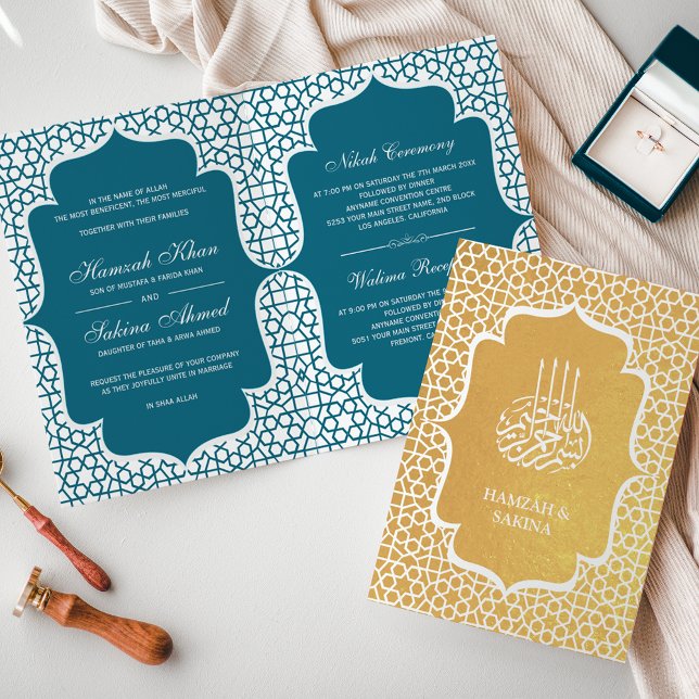 Blue Persian Gold Foil Muslim Wedding Einladung (Von Creator hochgeladen)