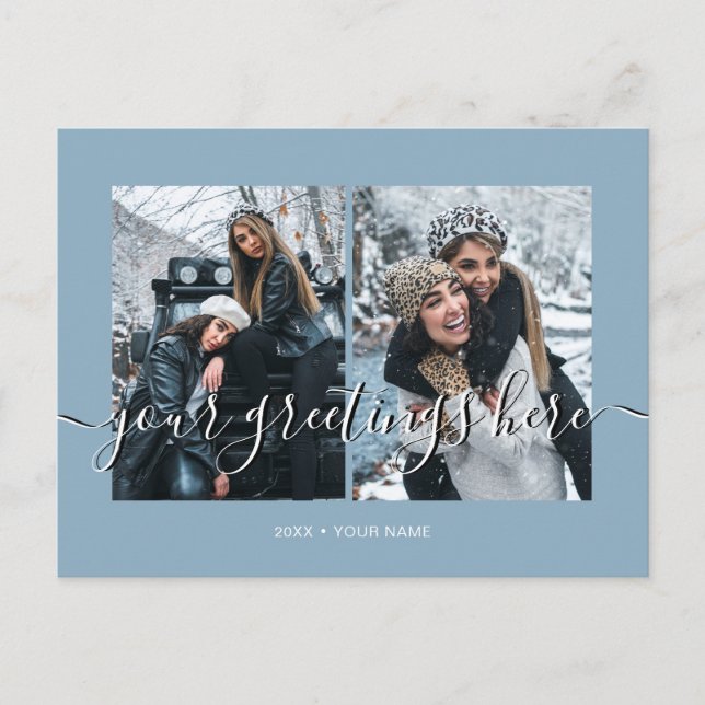Blue Personalisiert 2 Fotos Universell Gruß Postkarte (Vorderseite)