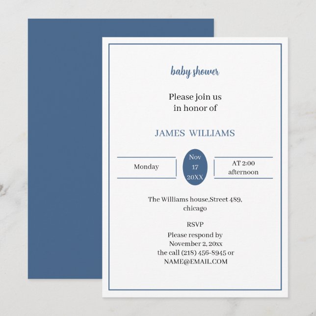Blue Personalisiert Baby Dusche Einladung (Vorne/Hinten)