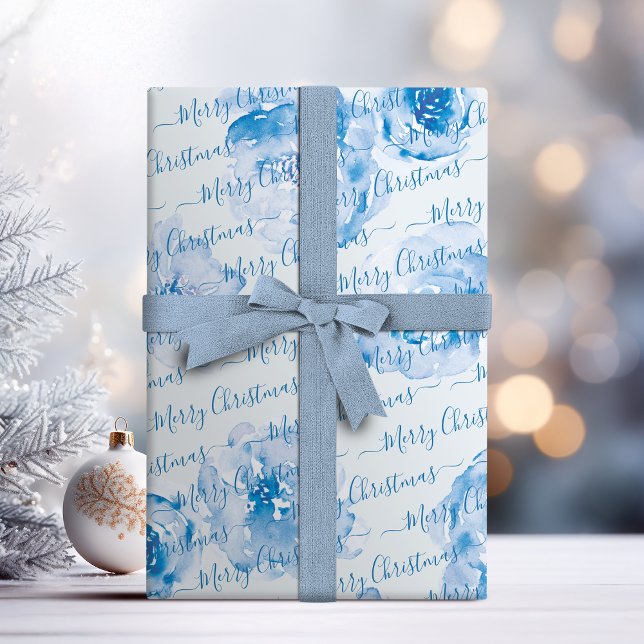 Blue Personalisiert Frohe Weihnachtsschrift Bloral Geschenkpapier (Blue Personalized Merry Christmas Script Floral Wrapping Paper)