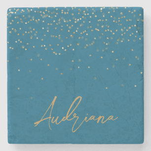 Blue Personalisiert Gold Name Glitzer Sparkle Dots Steinuntersetzer