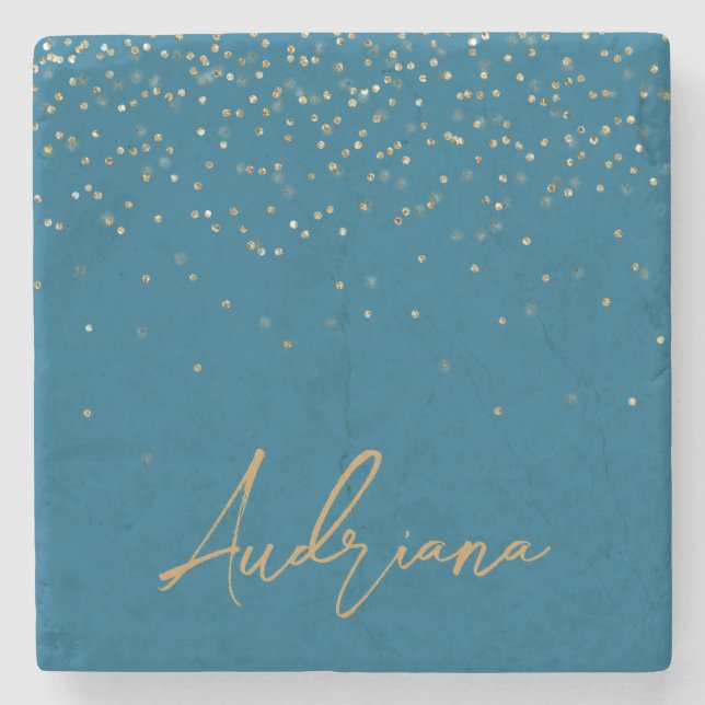 Blue Personalisiert Gold Name Glitzer Sparkle Dots Steinuntersetzer (Vorderseite)