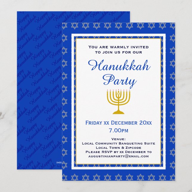Blue Personalisiert Menorah HANUKKAH Party Einladung (Vorne/Hinten)