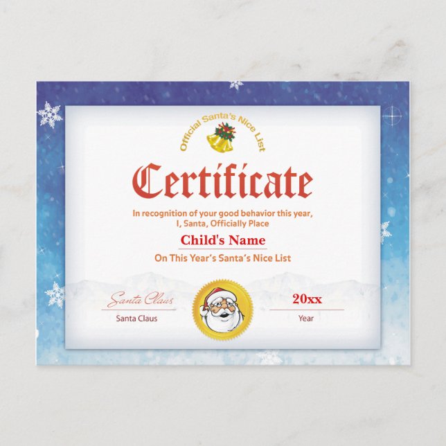 Blue Personalisiert Santa's Nice List Certificate Postkarte (Vorderseite)