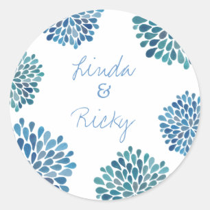 Blue Petal Bloom Burst Wedding Round Sticker Siege