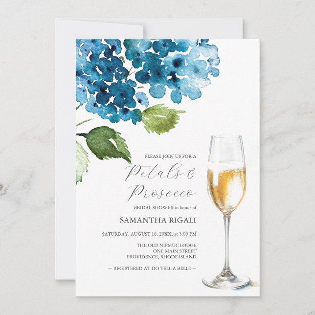 Blue Petals and Prosecco Bridal Shower Invitations (Vorderseite)