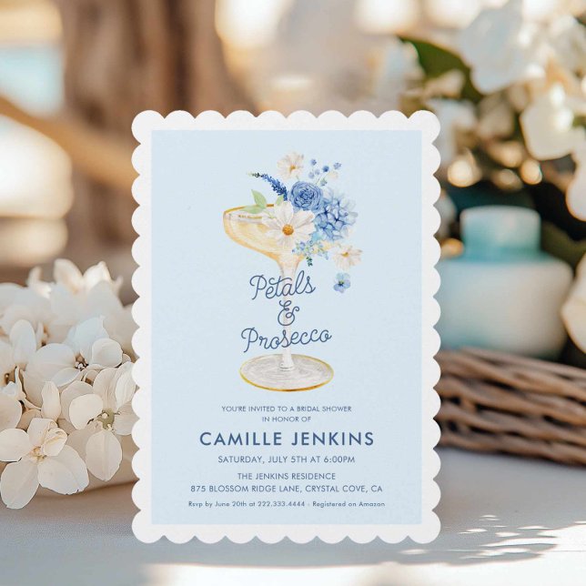 Blue Petals und Prosecco Bridal Einladung (Petals and Prosecco Blue Floral Invitation )