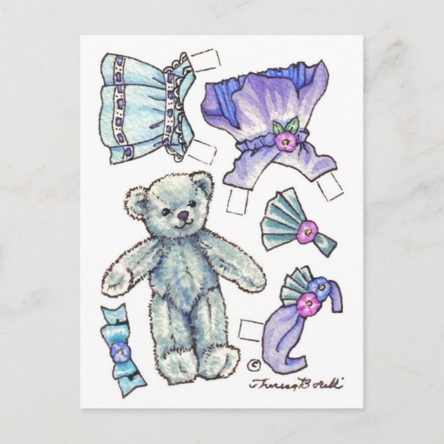 Blue Petunia Teddy Bear Paper Doll niedlich Postka Postkarte (Vorderseite)