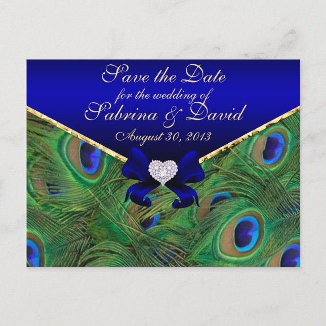 BLUE Pfau Save the Date Postkarte Blau (Vorderseite)