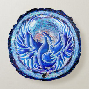 Blue Phoenix Rundes Kissen