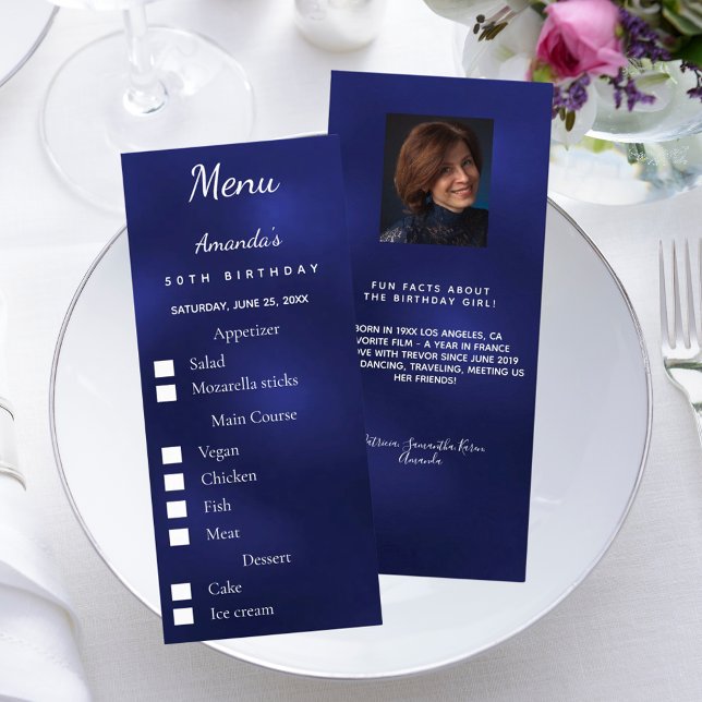 Blue photo meal options fun facts birthday menu werbekarte (Von Creator hochgeladen)