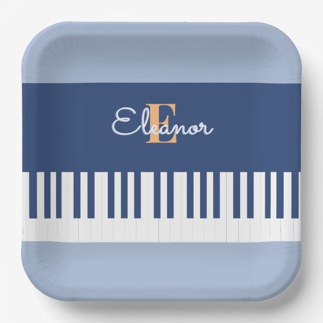 Blue Piano Keyboard Music Keys Mit Monogramm Party Pappteller (Vorderseite)