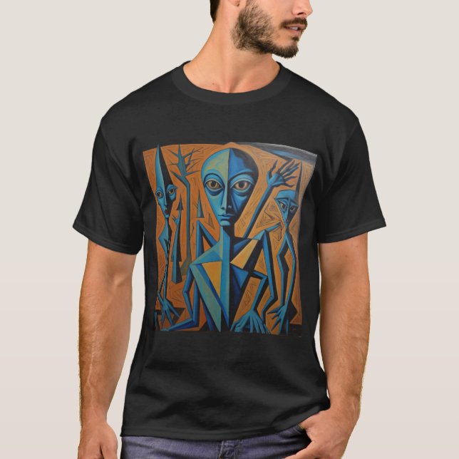 Blue Picasso Alien Art T-Shirt (Vorderseite)