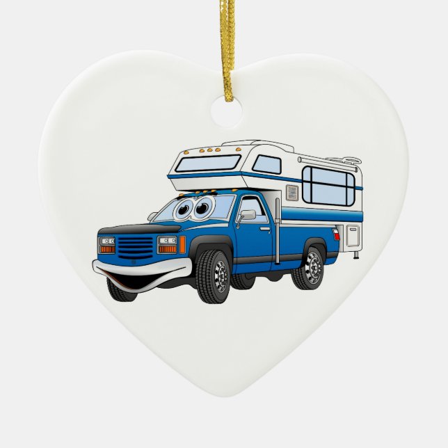 Blue Pick Up Camper Cartoon Keramik Ornament (Vorne)