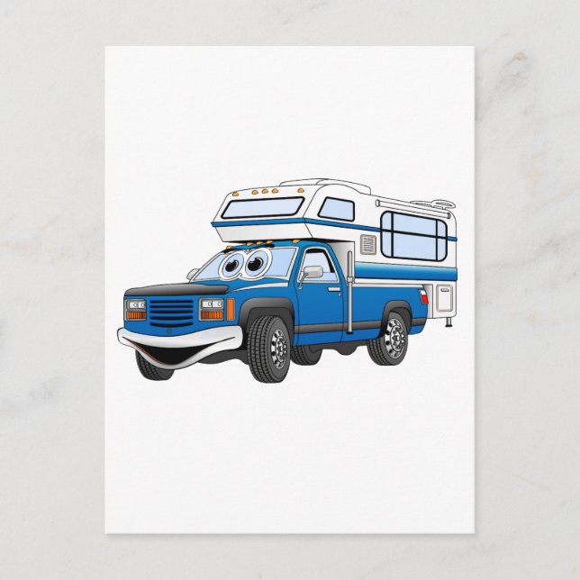 Blue Pick Up Camper Cartoon Postkarte (Vorderseite)