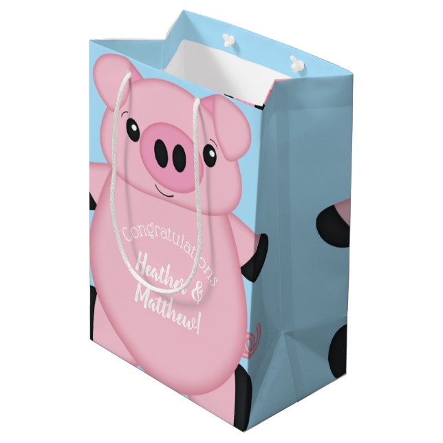 Blue Pig Baby Dusche Mittlere Geschenktüte (Rückseite Schrägansicht)
