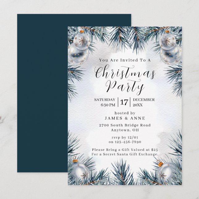 Blue Pine Christmas Party Invitation Einladung (Vorne/Hinten)