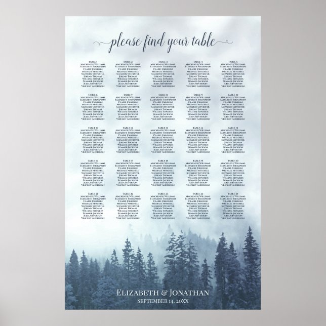 Blue Pine Forest 25 Table Wedding Seating Chart Poster (Vorne)