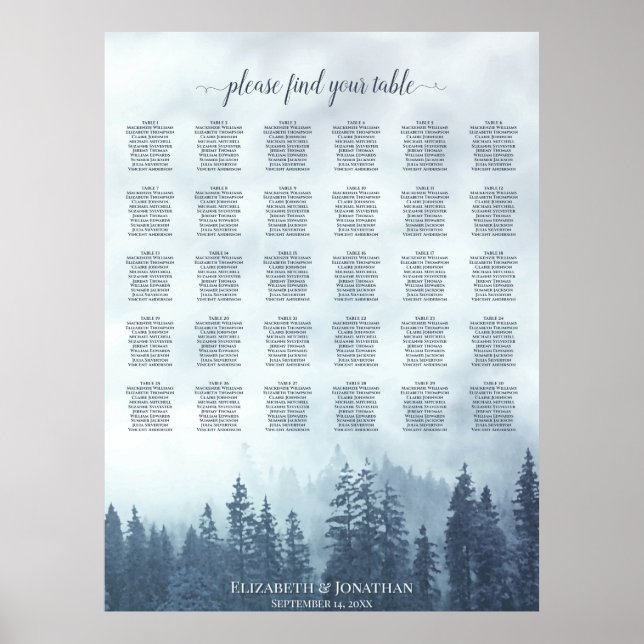 Blue Pine Forest 30 Table Wedding Seating Chart Poster (Vorne)