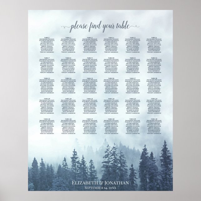 Blue Pine Forest 30 Table Wedding Seating Chart Poster (Vorne)