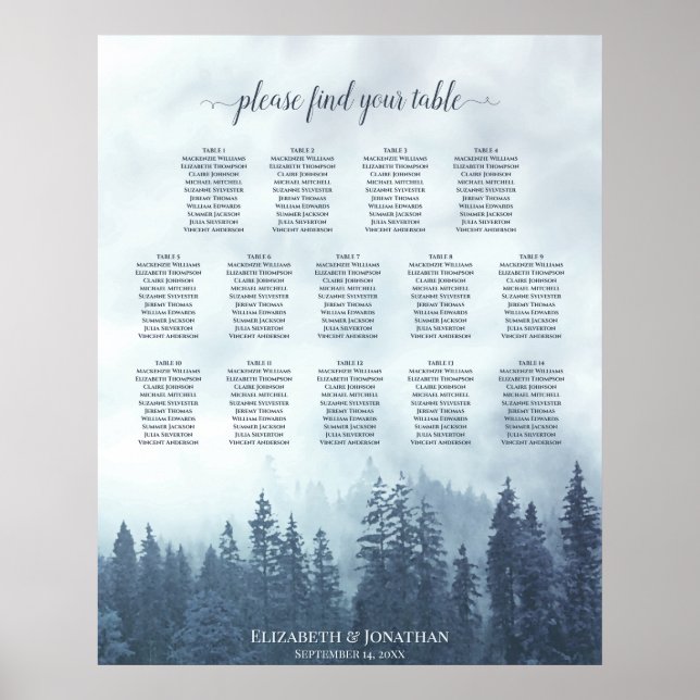 Blue Pine Trees 14 Table Wedding Seating Chart Poster (Vorne)