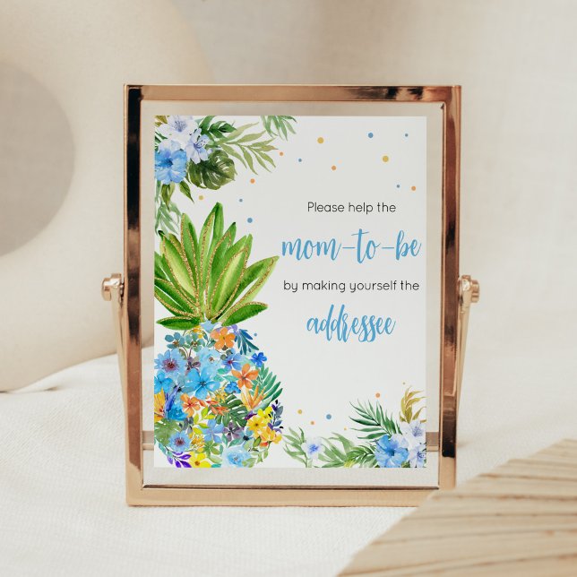 Blue Pineaple Baby Shower Envelope Poster (Blue Gold Pineapple Baby Shower Envelope Station Sign)