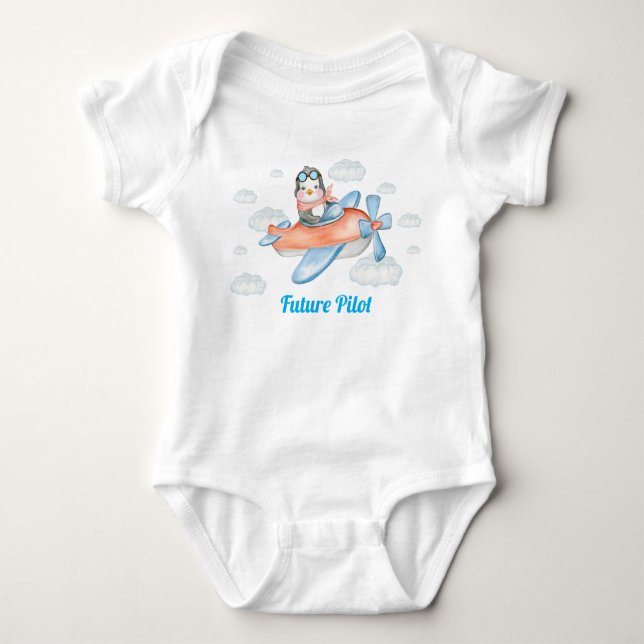 Blue Pinguin Animal Airplane Pilot Baby Bodysuit Baby Strampler (Vorderseite)